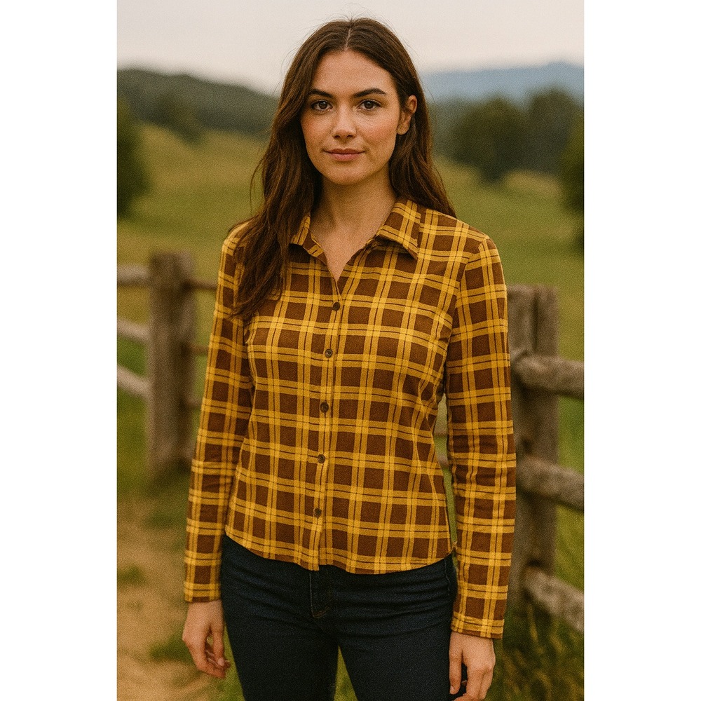 With‎ Jean Bobbie Top Womens XL Mustard & Chocolate Plaid Button Up In Cher Logo